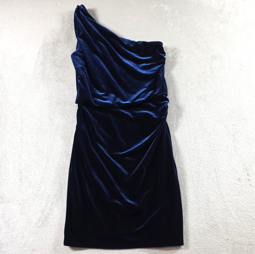 Lauren Ralph Lauren One Shoulder Velvet Sheath Dress Size 8 Classic Navy Blue